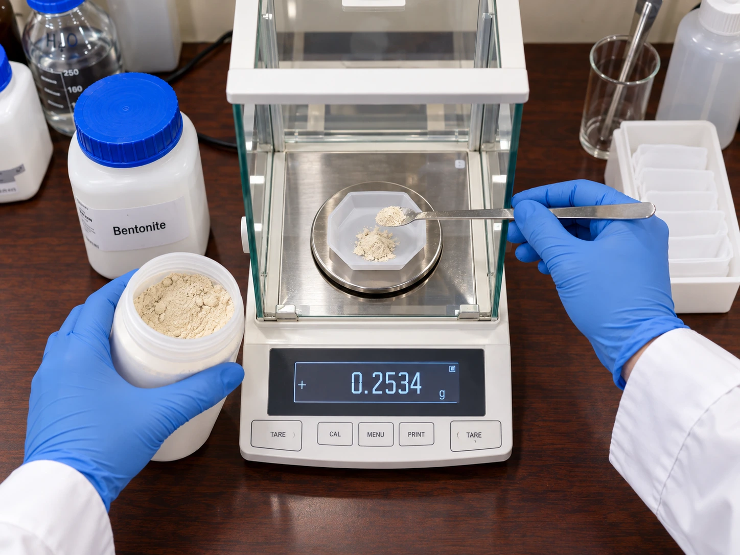 Material sample being measured on a laboratory balance