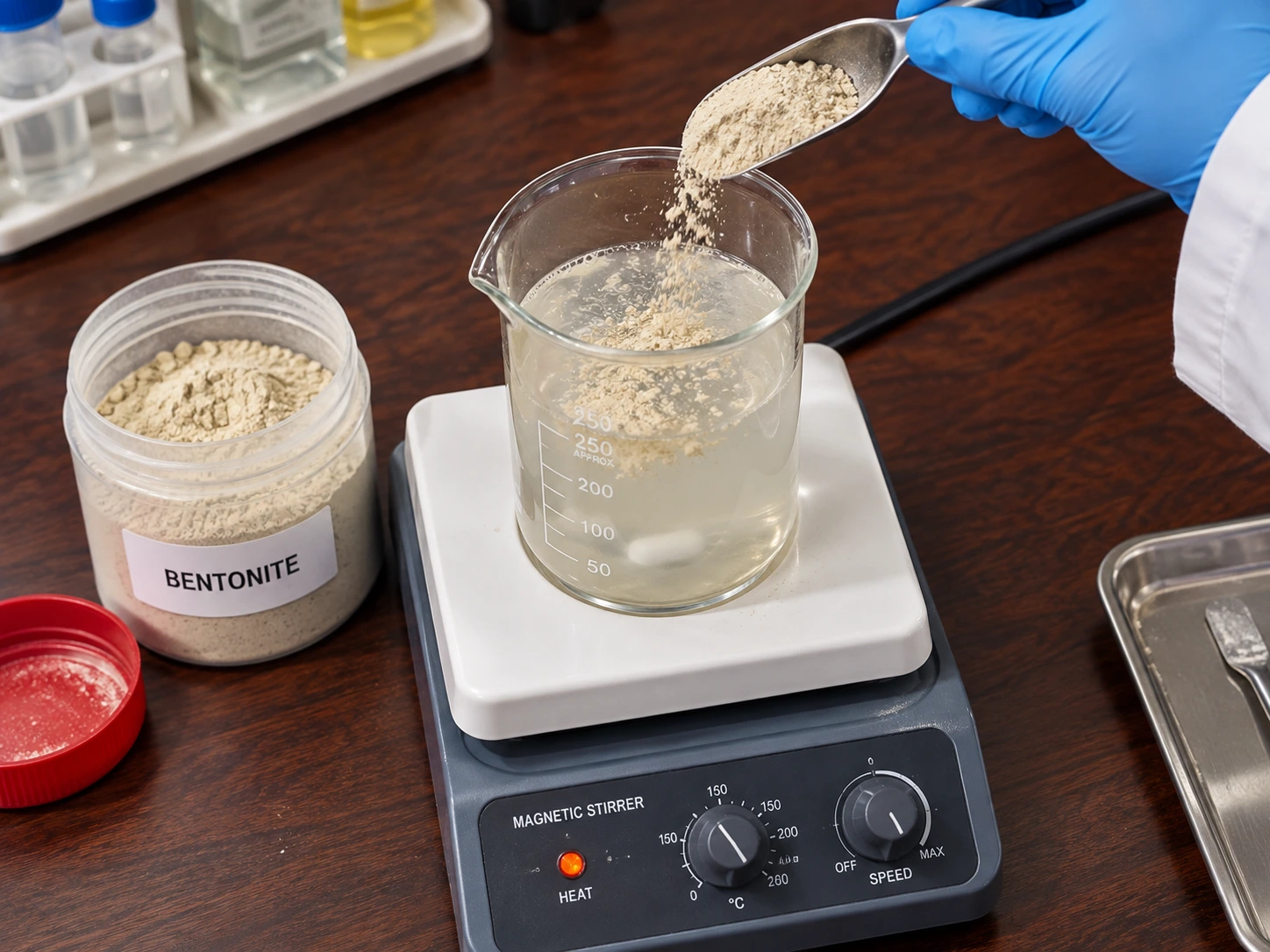 Mineral sample mixing in a laboratory beaker