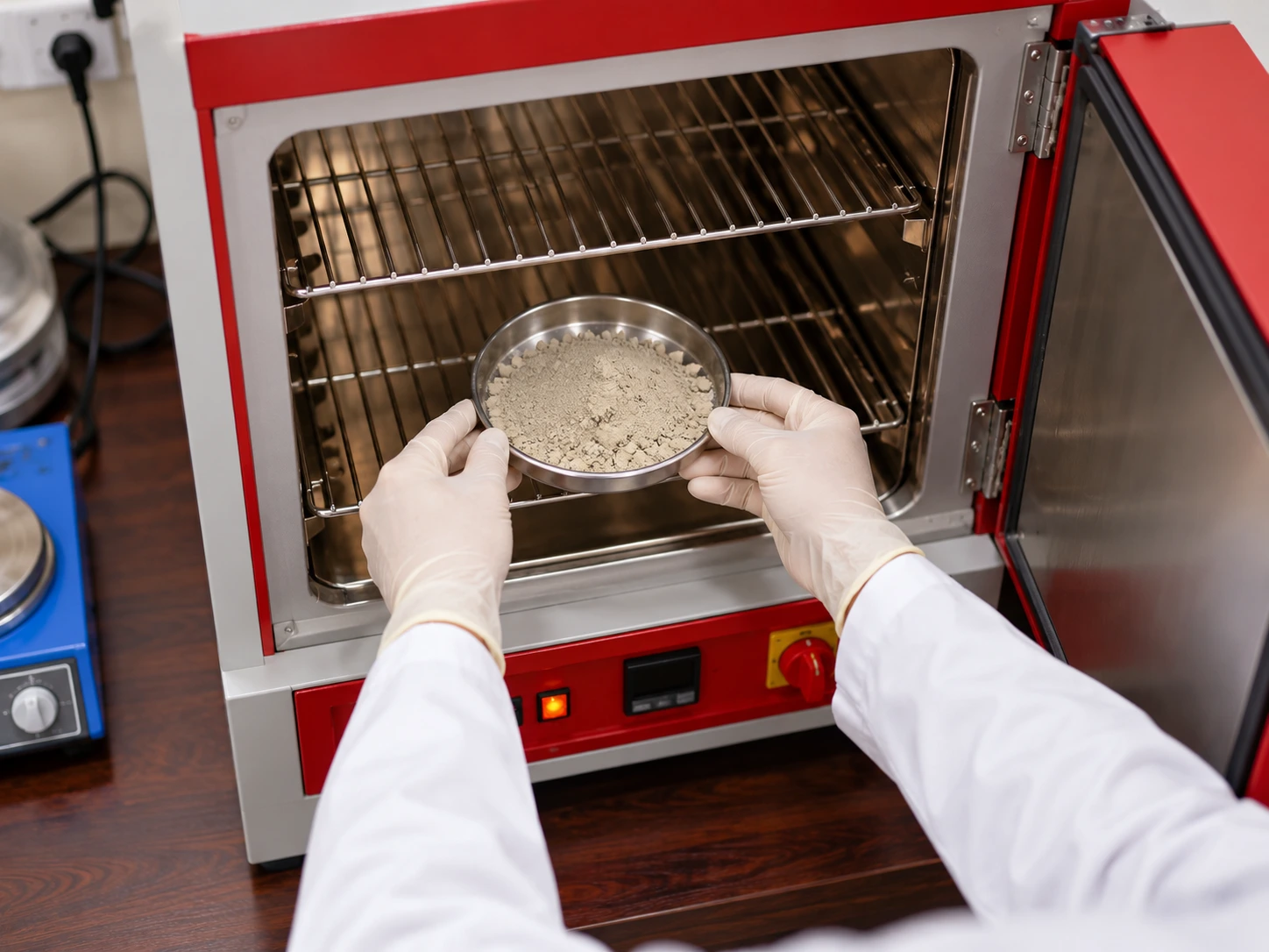 Material sample placed in a laboratory oven